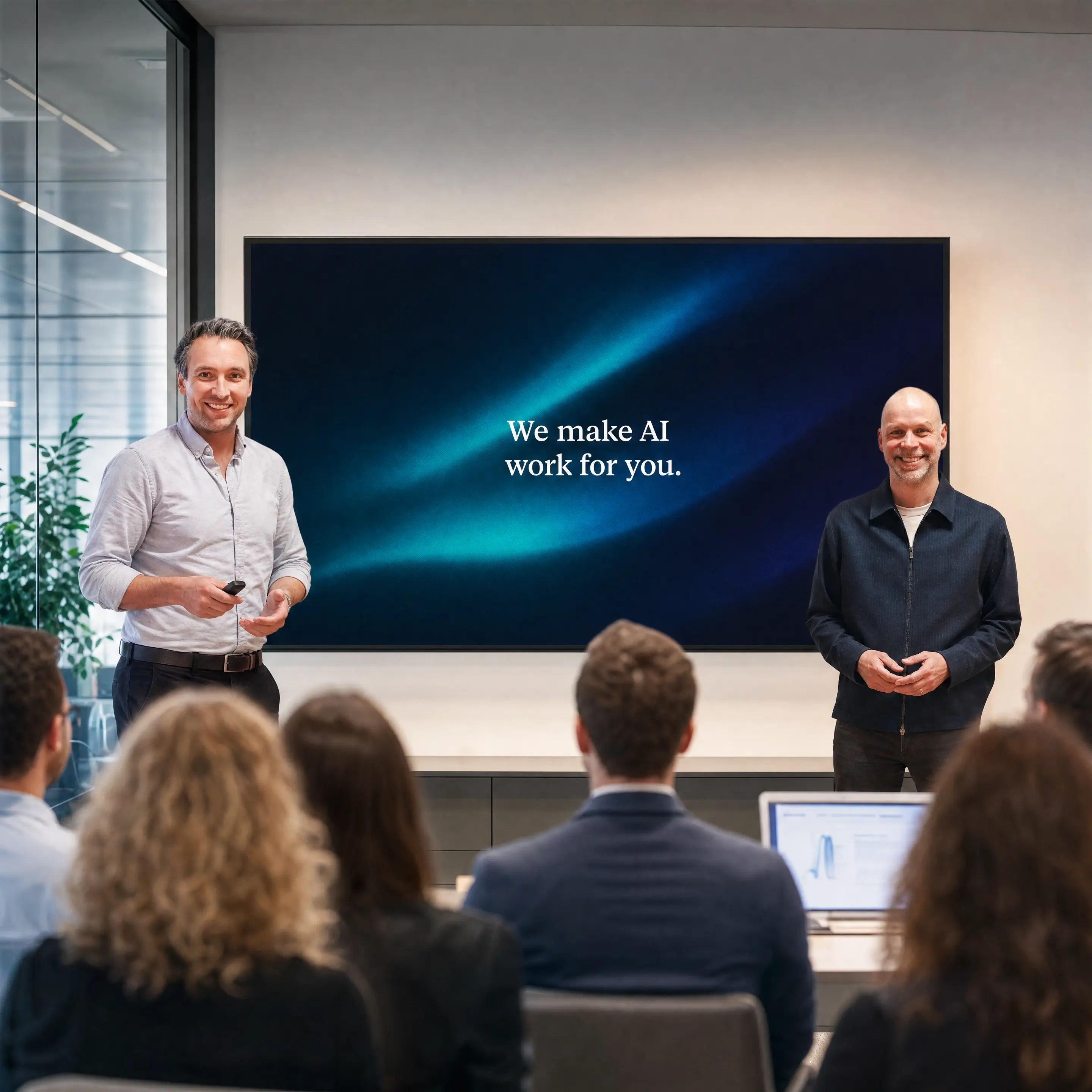 Peter en Erik tijdens een Think again presentatie
